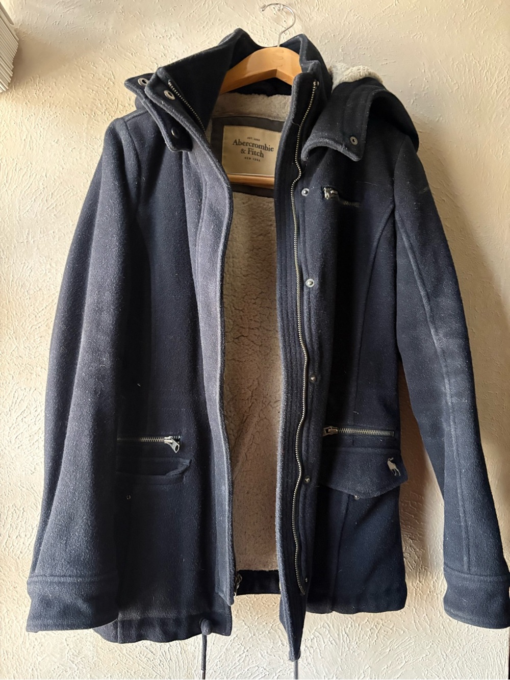 Abercrombie & Fitch Men’s Black Hooded Wool-Blend Pea Coat